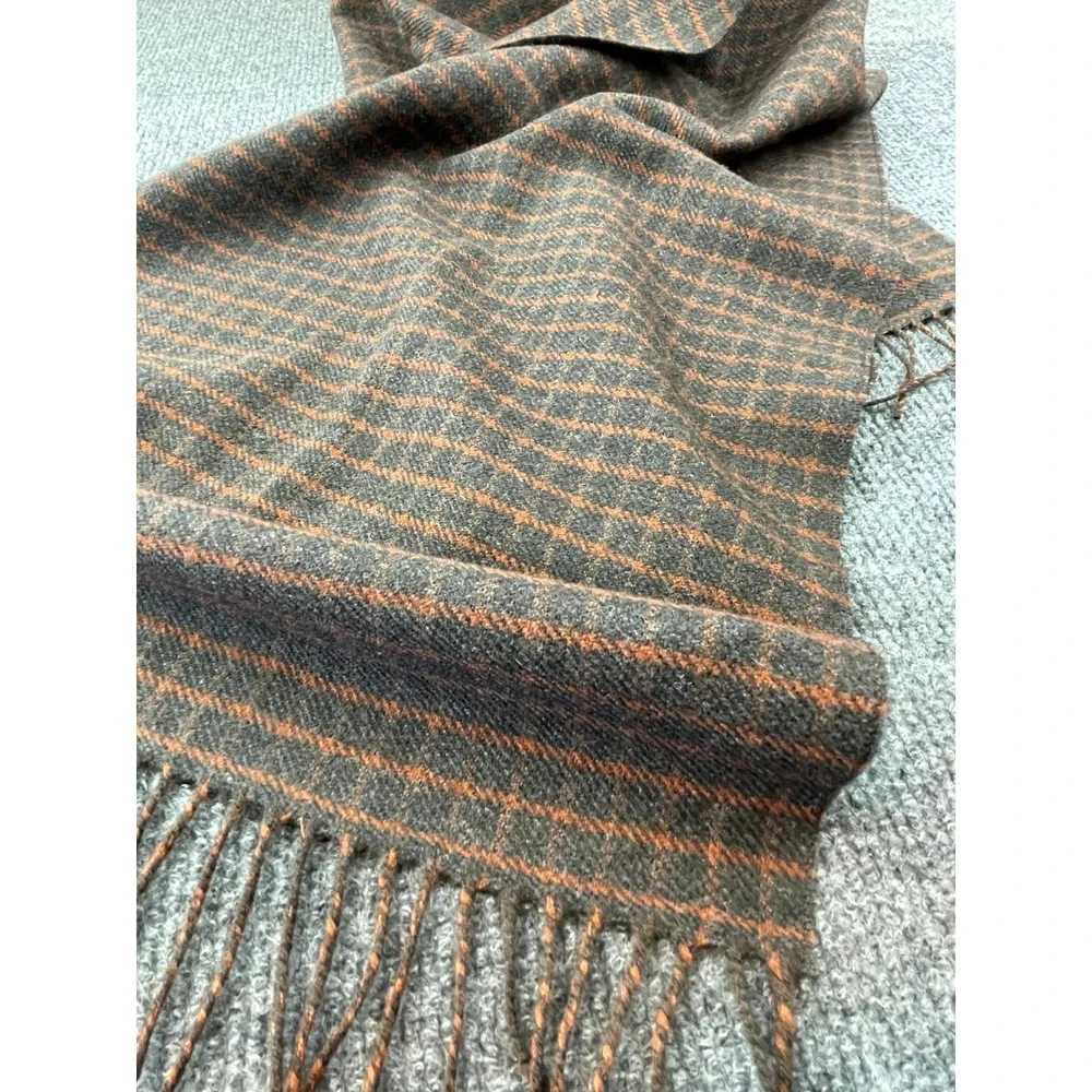 Ermenegildo Zegna Mens Scarf Grey Orange Micro Check Plaid Fringed Italy Luxury